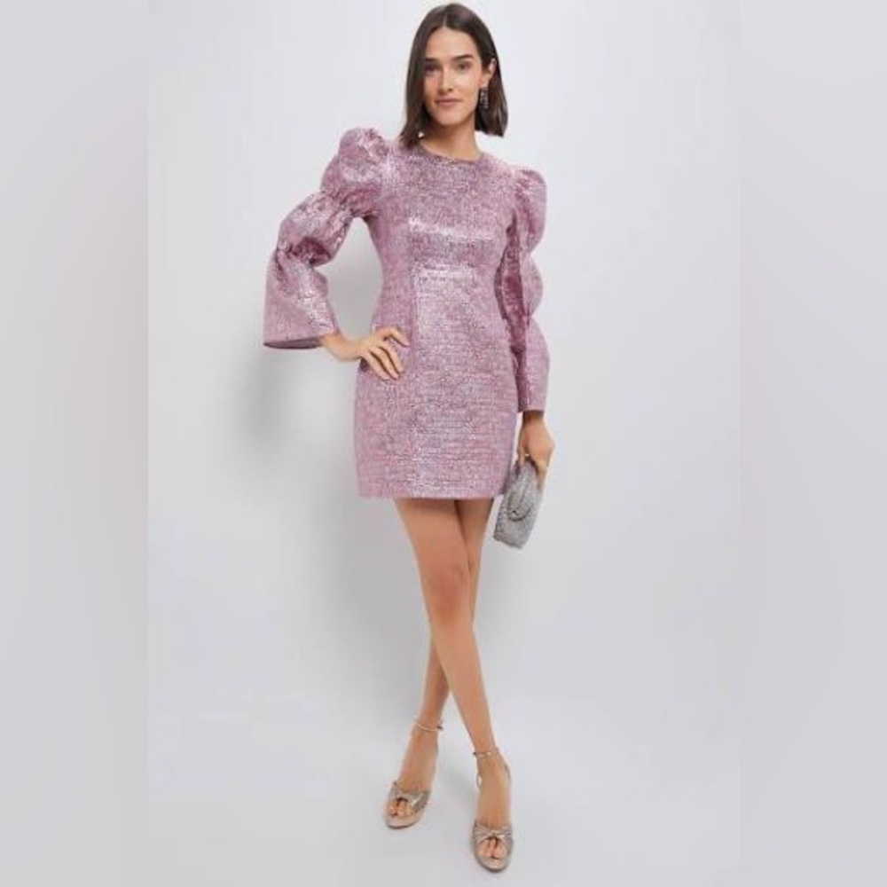 Hyacinth House Pink Multi Jacquard Puff Sleeve Darcy Mini Dress